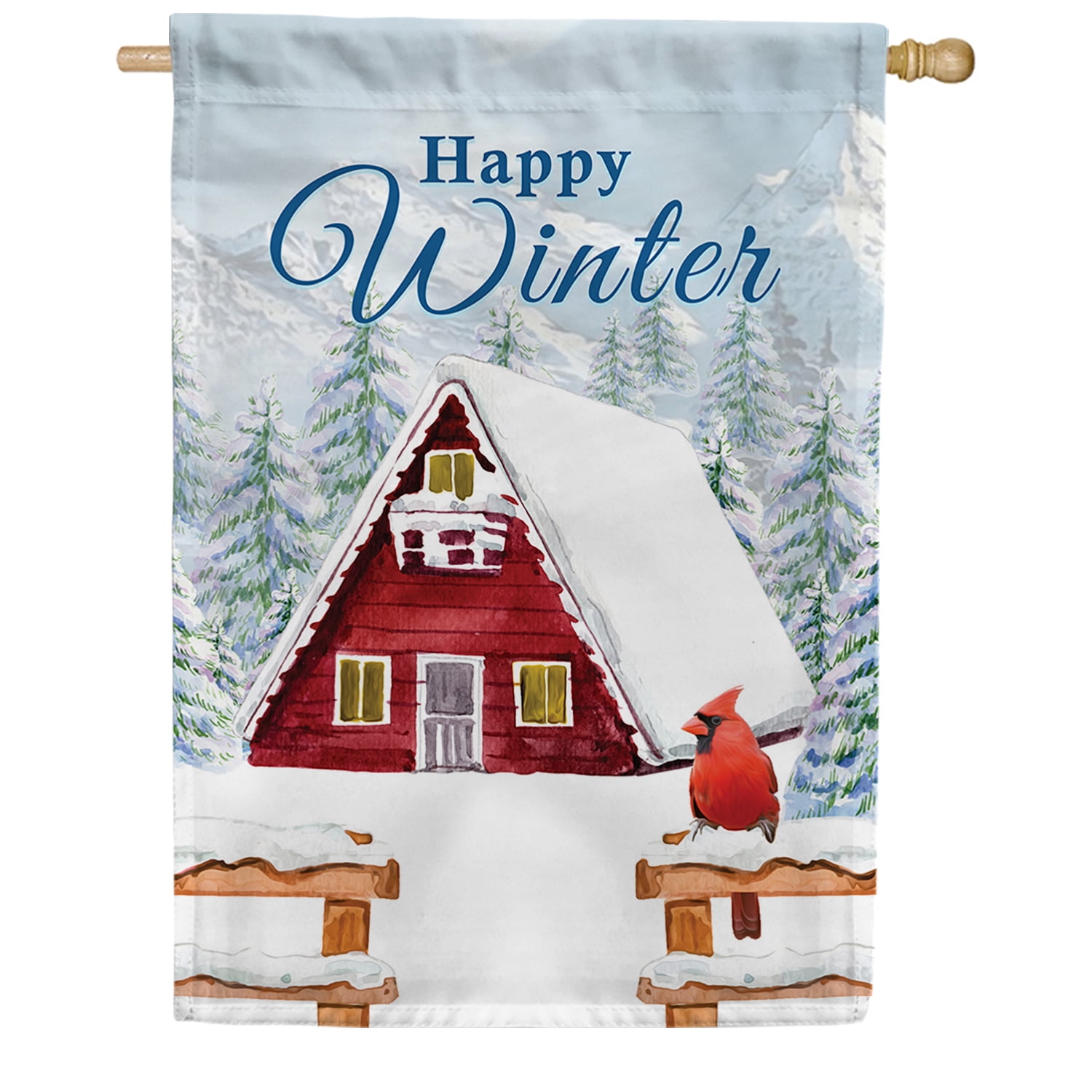America Forever Winter At The Chalet House Flag, 28 x 40 inch Double Sided, Cabin Snowy Forest Cardinal, Happy Winter Banner, Holiday Outside Decorations Yard Flag