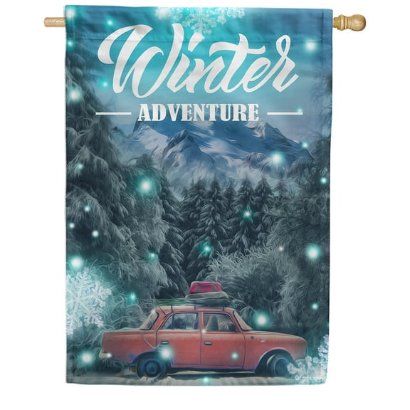 America Forever Winter Forest House Flag Double Sided Vertical Decorative 28 x 40 inches for Outdoor, Yard, Porch Happy Holidays Red Truck Christmas Mountains Adventure Snowy Forest House Flag