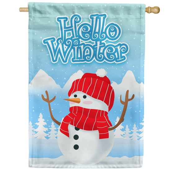 America Forever Winter Hello House Flag Double Sided Vertical Decorative 28 x 40 inches for Outdoor, Yard, Porch Happy Holidays Winter Snowman Snowfall Snowflakes Mountains House Flag