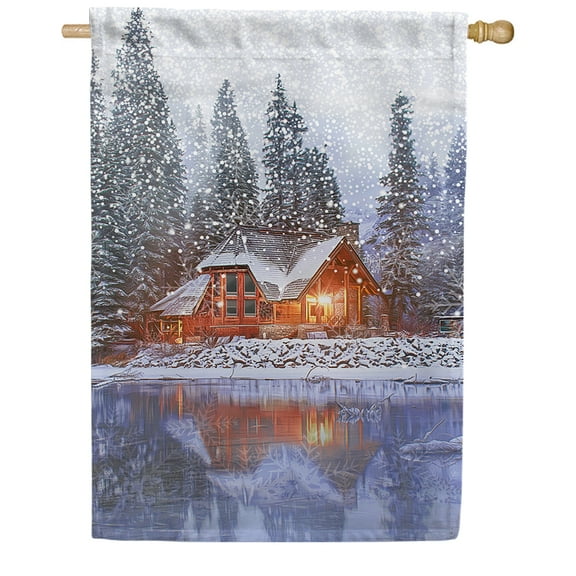 America Forever Winter At Lake House Flag, 28 x 40 inch Double Sided, Cabin By Lake Scene, Mountain Retreat Banner, Winter Holiday Outside Decorations Yard Flag