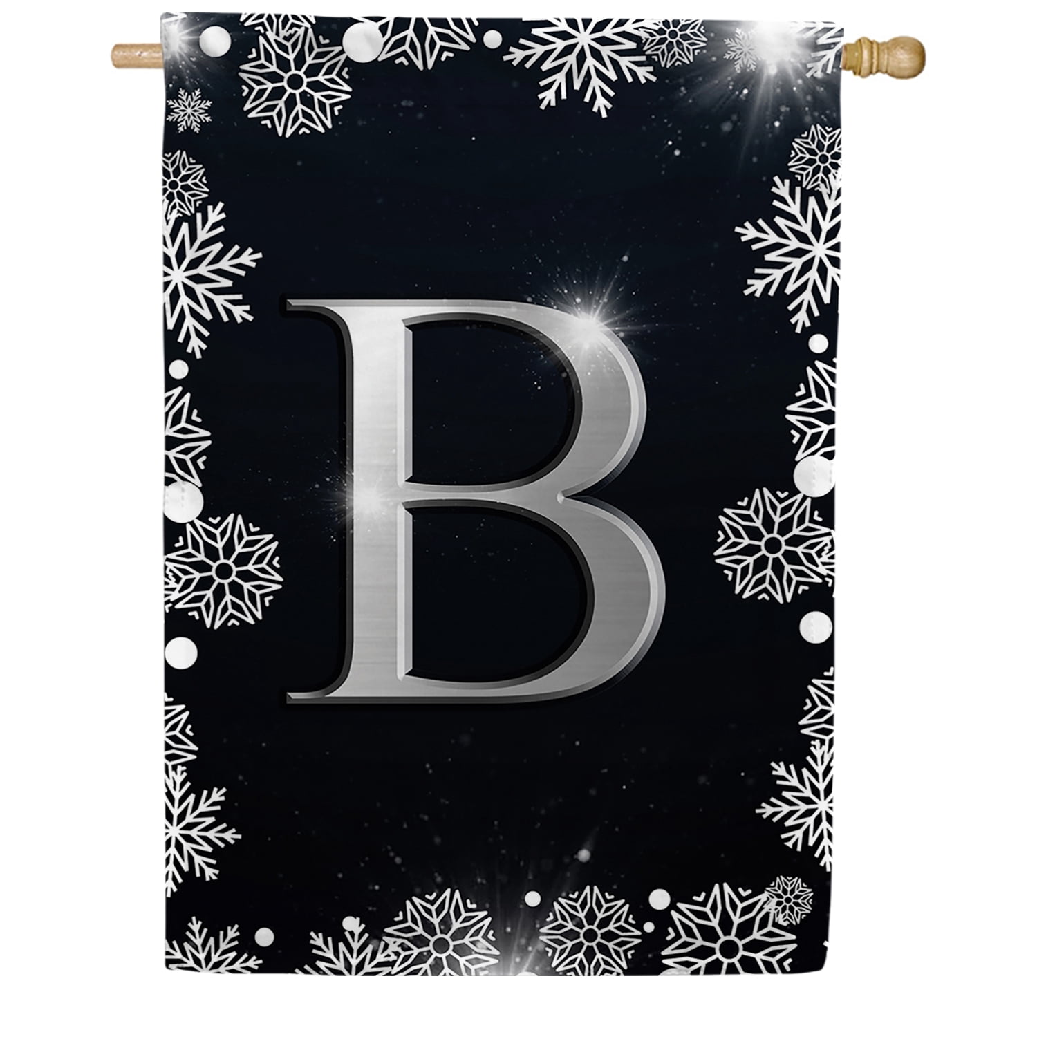 America Forever Winter Monogram Letter B House Flag Vertical Double Sided 28 x 40 inches Christmas Holiday Seasonal Flags for Outdoor, Yard, Porch Decoration, Silver Snowflakes Decoration