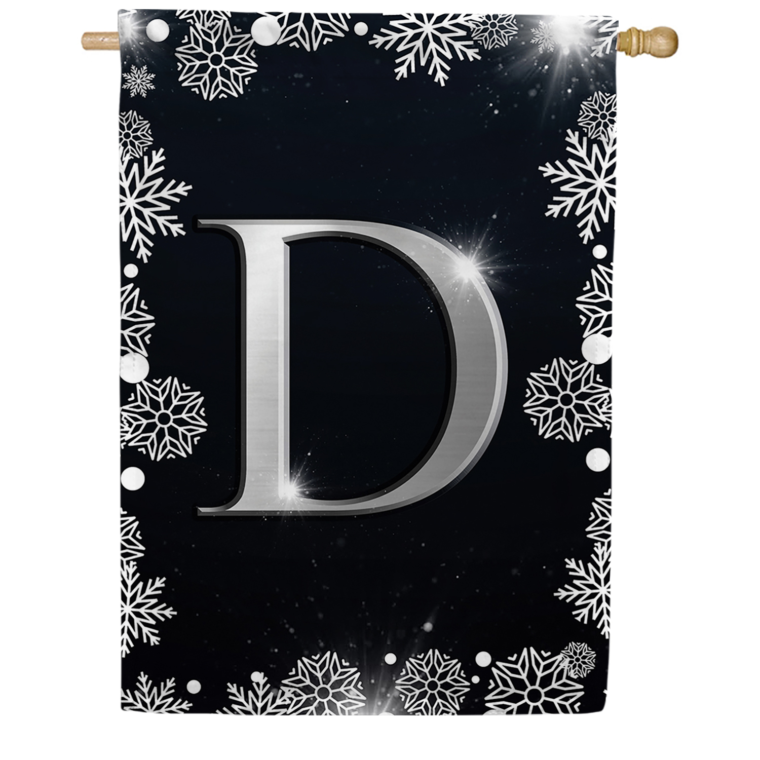 America Forever Winter Monogram Letter D House Flag Vertical Double Sided 28 x 40 inches Christmas Holiday Seasonal Flags for Outdoor, Yard, Porch Decoration, Silver Snowflakes Decoration