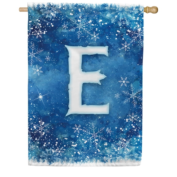 America Forever Winter Monogram Letter E House Flag Vertical Double Sided 28 x 40 inches Snowy Winter Holiday Seasonal Flags for Outdoor, Yard, Porch Decoration, Blue Background, Snowflake House Flag