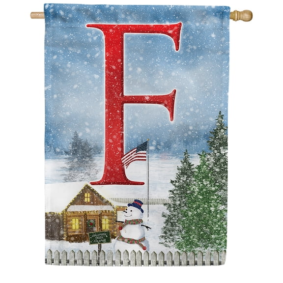 America Forever Winter Monogram Letter F House Flag Vertical Double Sided 28 x 40 inches Christmas Flag, Winter Holiday Seasonal Decor for Outdoor, Yard, Porch, Patriotic Snowman American Flag