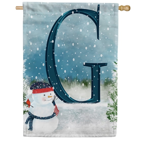America Forever Winter Monogram Letter G House Flag Vertical Double Sided 28 x 40 inches American Snowman in Winter, Holiday Seasonal Flags for Outdoor Decoration, Snowfall Celebration House Flag