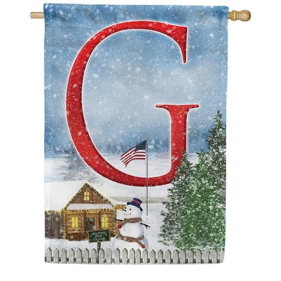 America Forever Winter Monogram Letter G House Flag Vertical Double Sided 28 x 40 inches Christmas Flag, Winter Holiday Seasonal Decor for Outdoor, Yard, Porch, Patriotic Snowman American Flag