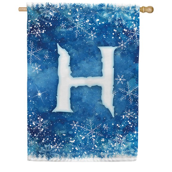 America Forever Winter Monogram Letter H House Flag Vertical Double Sided 28 x 40 inches Snowy Winter Holiday Seasonal Flags for Outdoor, Yard, Porch Decoration, Blue Background, Snowflake House Flag