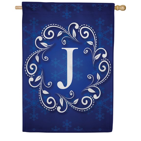 America Forever Winter Monogram Letter J House Flag Vertical Double Sided 28 x 40 inches Snowflakes in Winter Holiday Seasonal Flags for Outdoor, Yard, Porch Decoration, Blue House Flag