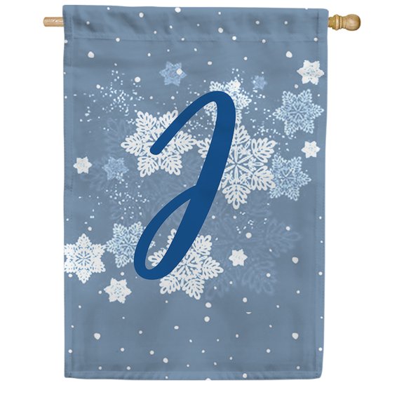 America Forever Winter Monogram Letter J House Flag Vertical Double Sided 28 x 40 inches Winter Holiday Seasonal Flags for Outdoor, Yard, Porch for Decoration, Blue Snowflake House Flag