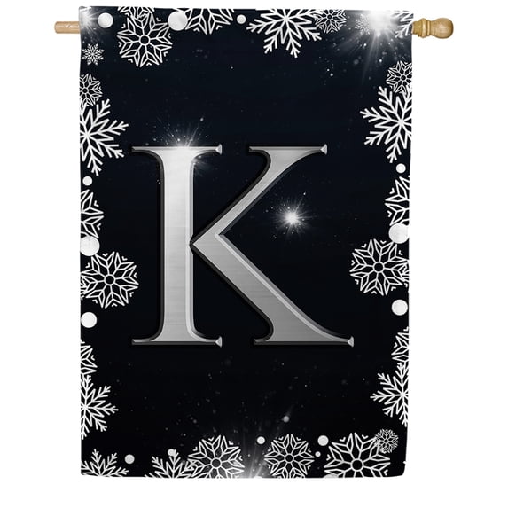 America Forever Winter Monogram Letter K House Flag Vertical Double Sided 28 x 40 inches Christmas Holiday Seasonal Flags for Outdoor, Yard, Porch Decoration, Silver Snowflakes Decoration