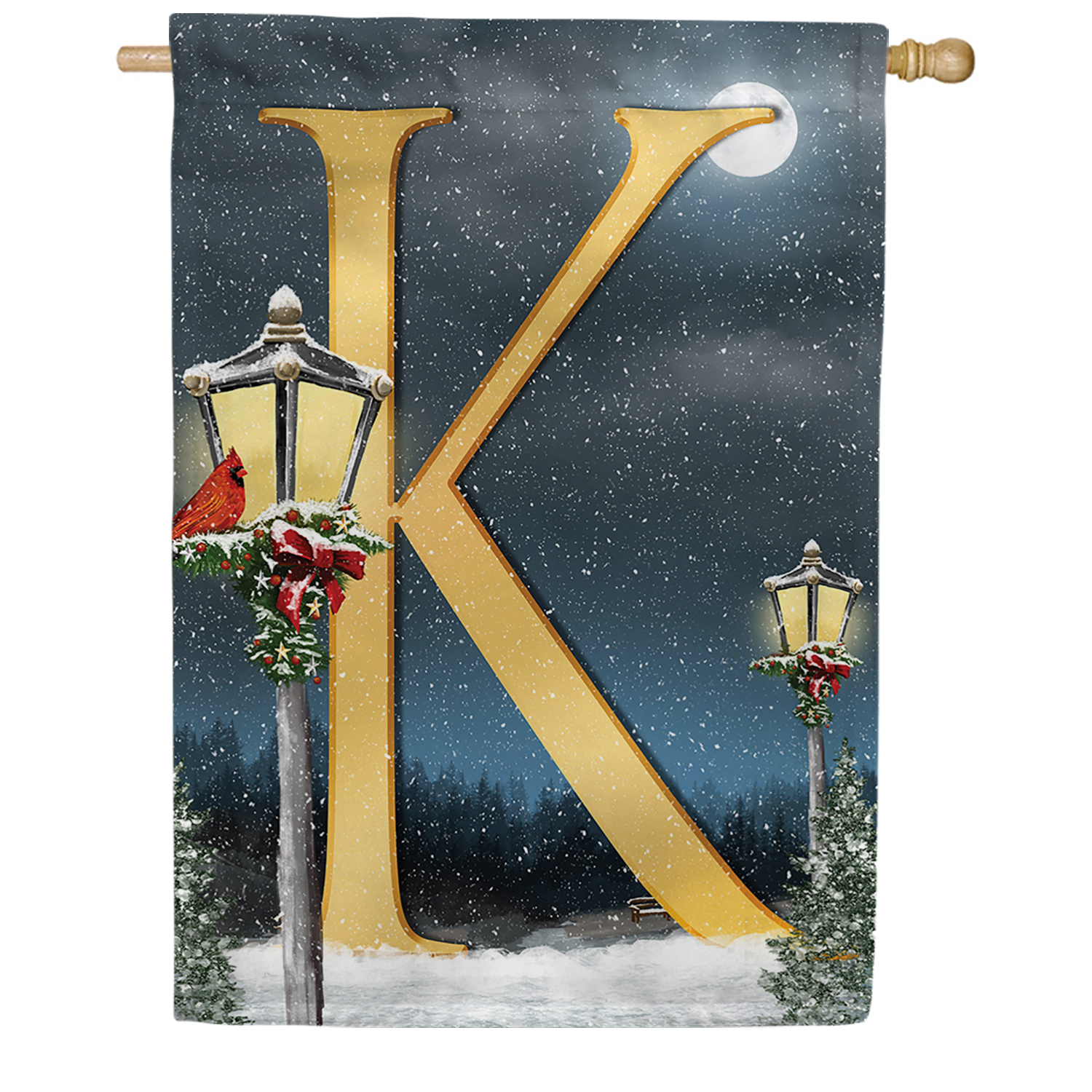 America Forever Winter Monogram Letter K House Flag Vertical Double Sided 28 x 40 inches Merry Christmas Happy Holiday Winter Seasonal Flags for Outdoor, Yard Porch Decoration, Cardinal House Flag