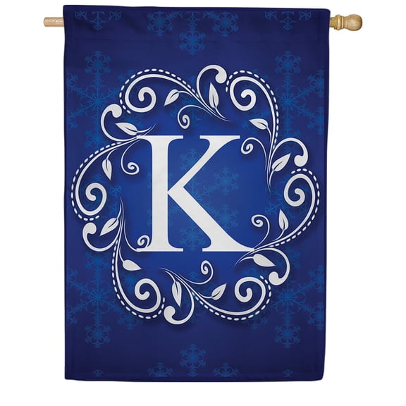 America Forever Winter Monogram Letter K House Flag Vertical Double Sided 28 x 40 inches Snowflakes in Winter Holiday Seasonal Flags for Outdoor, Yard, Porch Decoration, Blue House Flag