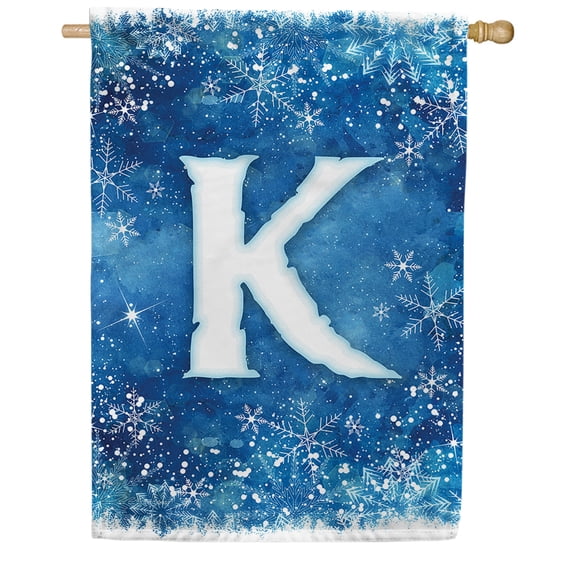 America Forever Winter Monogram Letter K House Flag Vertical Double Sided 28 x 40 inches Snowy Winter Holiday Seasonal Flags for Outdoor, Yard, Porch Decoration, Blue Background, Snowflake House Flag