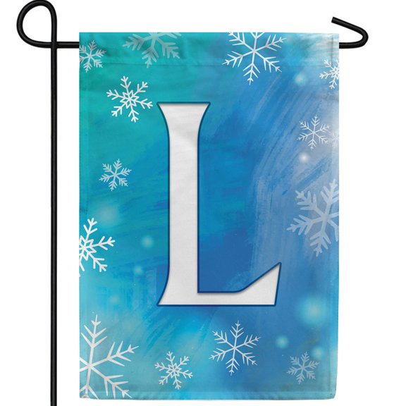 America Forever Winter Monogram Letter L Garden Flag Vertical Double Sided 12.5 x 18 inches Blue Snowflake Winter Holiday Seasonal Flags for Outdoor, Yard, Porch Decoration Snowfall Garden Flag