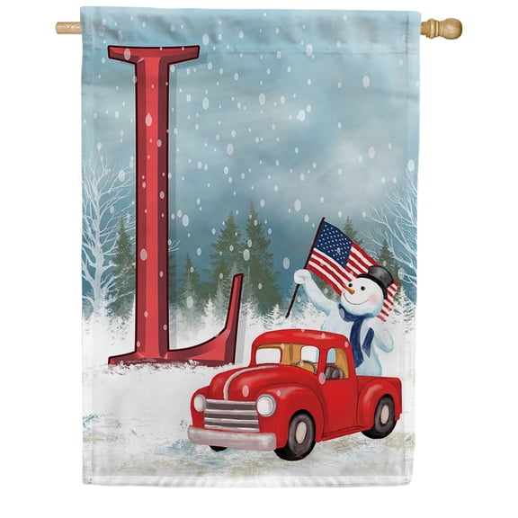 America Forever Winter Monogram Letter L House Flag Vertical Double Sided 28 x 40 inches Merry Christmas Winter Holiday Seasonal Flags for Outdoor, Yard, Porch Decoration, American Snowman House Flag