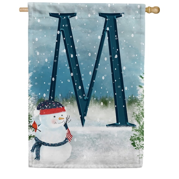 America Forever Winter Monogram Letter M House Flag Vertical Double Sided 28 x 40 inches American Snowman in Winter, Holiday Seasonal Flags for Outdoor Decoration, Snowfall Celebration House Flag