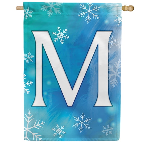 America Forever Winter Monogram Letter M House Flag Vertical Double Sided 28 x 40 inches Blue Snowflake Winter Holiday Seasonal Flags for Outdoor, Yard, Porch Decoration Snowfall House Flag