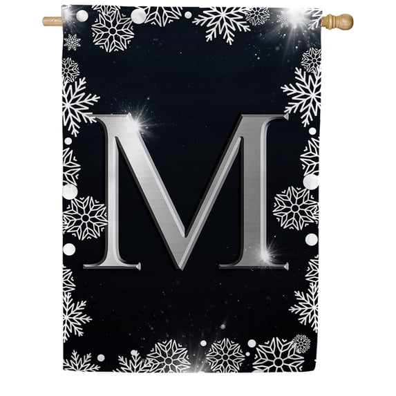 America Forever Winter Monogram Letter M House Flag Vertical Double Sided 28 x 40 inches Christmas Holiday Seasonal Flags for Outdoor, Yard, Porch Decoration, Silver Snowflakes Decoration