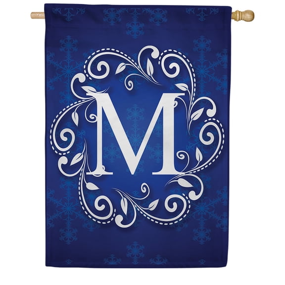 America Forever Winter Monogram Letter M House Flag Vertical Double Sided 28 x 40 inches Snowflakes in Winter Holiday Seasonal Flags for Outdoor, Yard, Porch Decoration, Blue House Flag