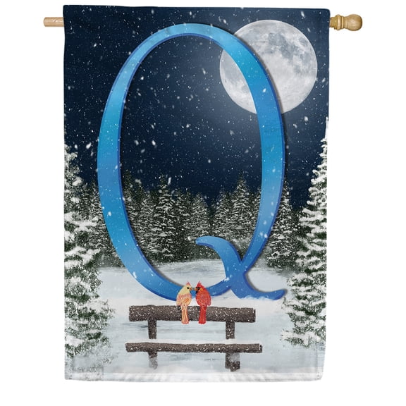 America Forever Winter Monogram Letter Q Cardinals House Flag Vertical Double Sided 28 x 40 inches Winter Night Happy Holiday Seasonal Flags for Outdoor, Yard Porch Decoration, Winter Forest Flag