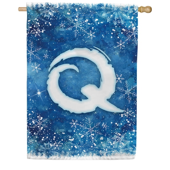 America Forever Winter Monogram Letter Q House Flag Vertical Double Sided 28 x 40 inches Snowy Winter Holiday Seasonal Flags for Outdoor, Yard, Porch Decoration, Blue Background, Snowflake House Flag