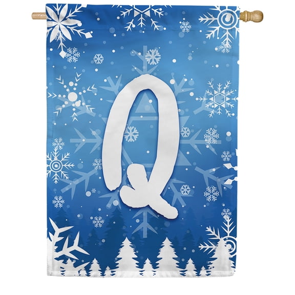 America Forever Winter Monogram Letter Q Winter Forest House Flag Vertical Double Sided 28 x 40 inches Happy Holiday Christmas Seasonal Flags for Outdoor, Yard Porch Decoration, Snowflakes House Flag