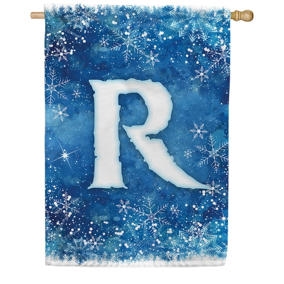 America Forever Winter Monogram Letter R House Flag Vertical Double Sided 28 x 40 inches Snowy Winter Holiday Seasonal Flags for Outdoor, Yard, Porch Decoration, Blue Background, Snowflake House Flag
