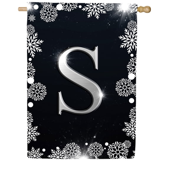 America Forever Winter Monogram Letter S House Flag Vertical Double Sided 28 x 40 inches Christmas Holiday Seasonal Flags for Outdoor, Yard, Porch Decoration, Silver Snowflakes Decoration