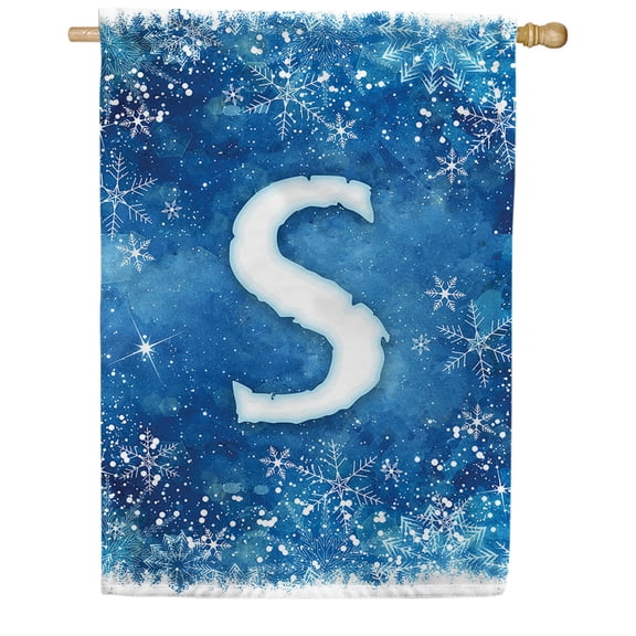 America Forever Winter Monogram Letter S House Flag Vertical Double Sided 28 x 40 inches Snowy Winter Holiday Seasonal Flags for Outdoor, Yard, Porch Decoration, Blue Background, Snowflake House Flag