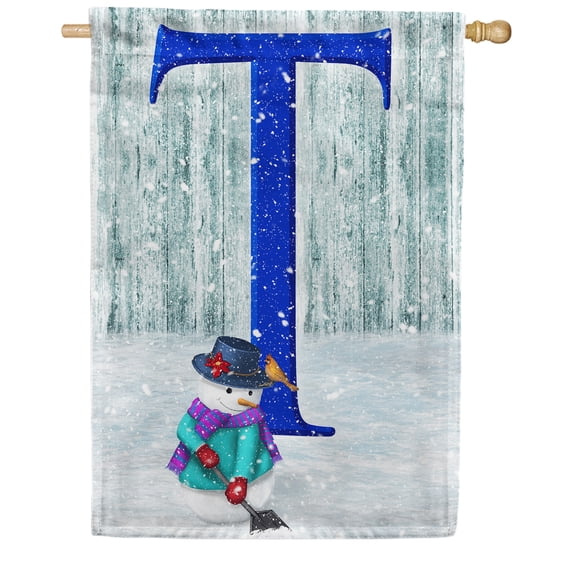 America Forever Winter Monogram Letter T House Flag Vertical Double Sided 28 x 40 inches Snowman in Winter Holiday Seasonal Flags for Outdoor, Yard, Porch Decoration, Merry Christmas House Flag