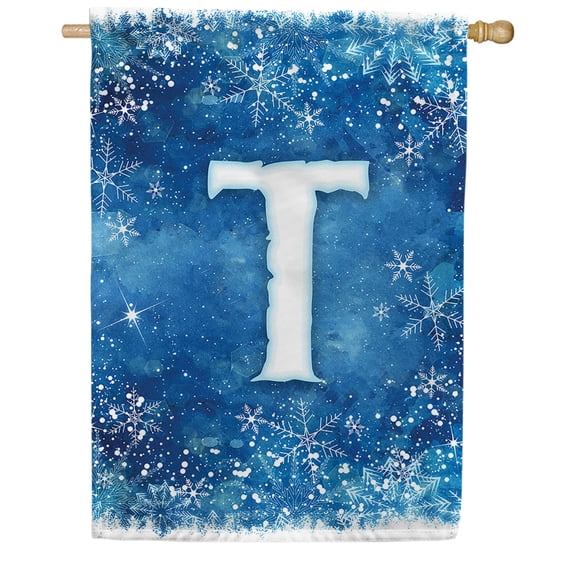 America Forever Winter Monogram Letter T House Flag Vertical Double Sided 28 x 40 inches Snowy Winter Holiday Seasonal Flags for Outdoor, Yard, Porch Decoration, Blue Background, Snowflake House Flag
