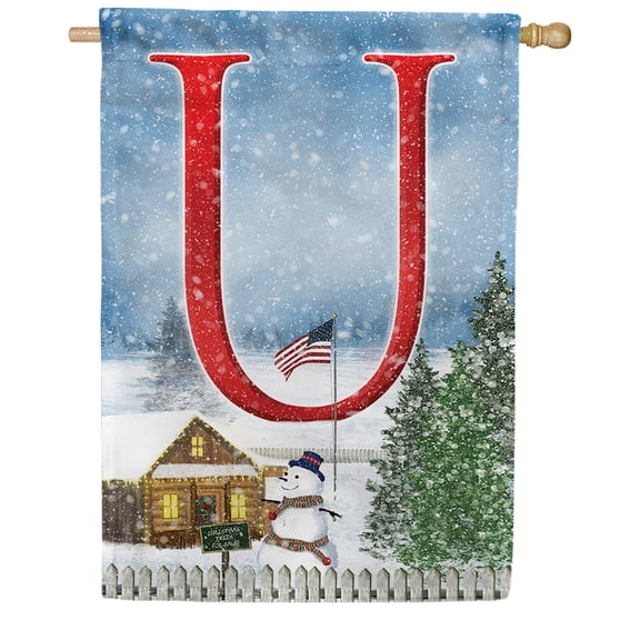 America Forever Winter Monogram Letter U House Flag Vertical Double Sided 28 x 40 inches Christmas Flag, Winter Holiday Seasonal Decor for Outdoor, Yard, Porch, Patriotic Snowman American Flag