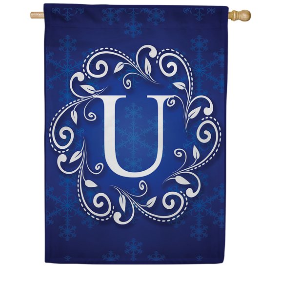 America Forever Winter Monogram Letter U House Flag Vertical Double Sided 28 x 40 inches Snowflakes in Winter Holiday Seasonal Flags for Outdoor, Yard, Porch Decoration, Blue House Flag
