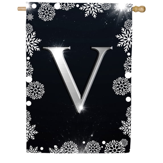 America Forever Winter Monogram Letter V House Flag Vertical Double Sided 28 x 40 inches Christmas Holiday Seasonal Flags for Outdoor, Yard, Porch Decoration, Silver Snowflakes Decoration
