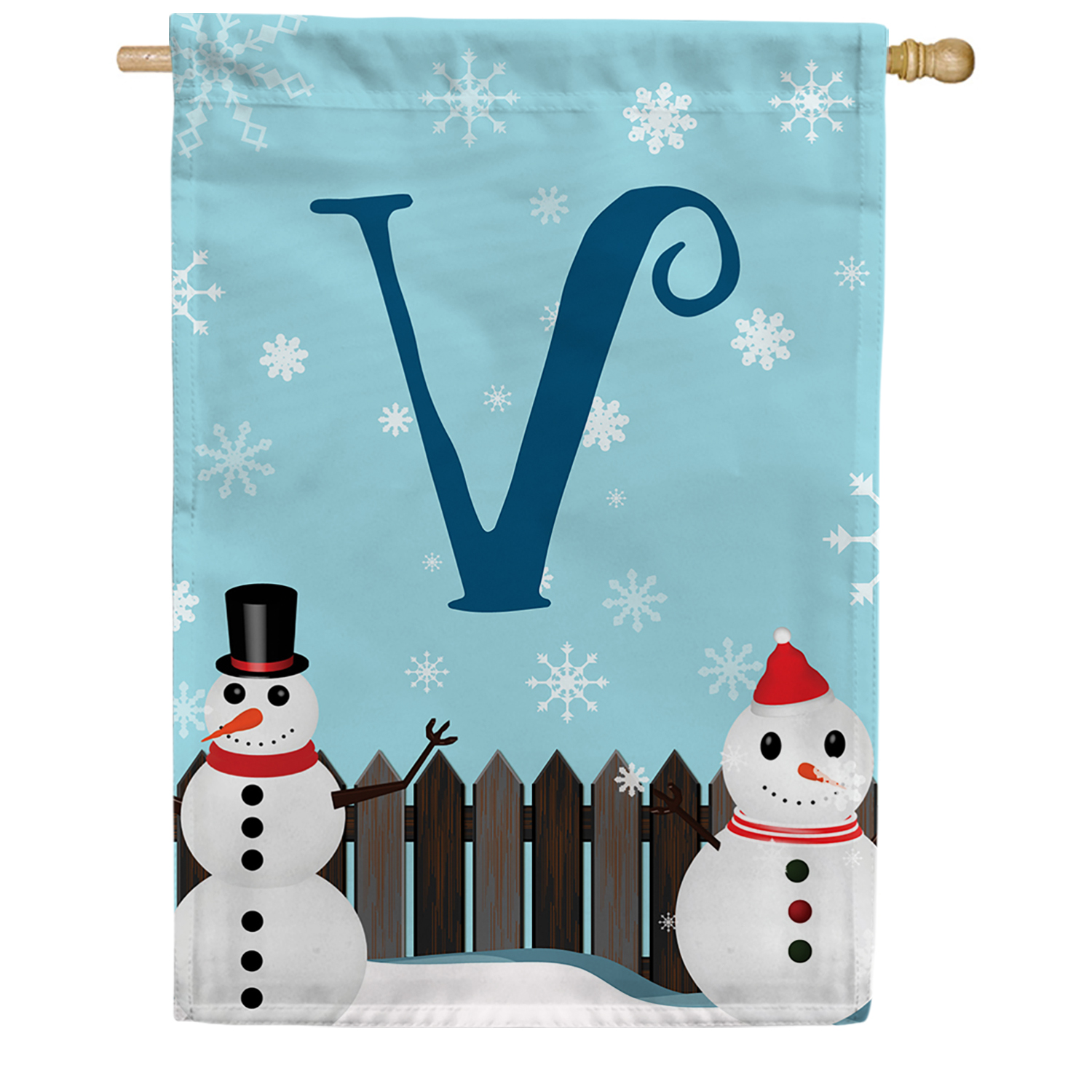 America Forever Winter Monogram Letter V House Flag Vertical Double Sided 28 x 40 inches Snowman in Winter Backyard Holiday Seasonal Flags for Outdoor, Yard, Porch Decoration, Let it Snow House Flag