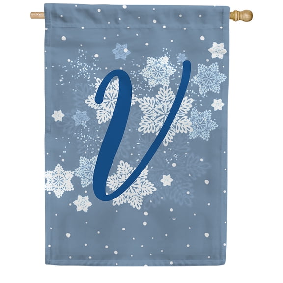 America Forever Winter Monogram Letter V House Flag Vertical Double Sided 28 x 40 inches Winter Holiday Seasonal Flags for Outdoor, Yard, Porch for Decoration, Blue Snowflake House Flag