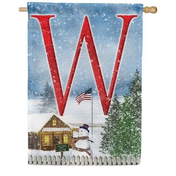 America Forever Winter Monogram Letter W House Flag Vertical Double Sided 28 x 40 inches Christmas Flag, Winter Holiday Seasonal Decor for Outdoor, Yard, Porch, Patriotic Snowman American Flag