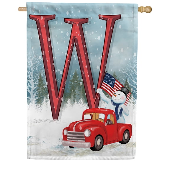 America Forever Winter Monogram Letter W House Flag Vertical Double Sided 28 x 40 inches Merry Christmas Winter Holiday Seasonal Flags for Outdoor, Yard, Porch Decoration, American Snowman House Flag