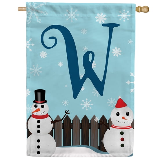 America Forever Winter Monogram Letter W House Flag Vertical Double Sided 28 x 40 inches Snowman in Winter Backyard Holiday Seasonal Flags for Outdoor, Yard, Porch Decoration, Let it Snow House Flag