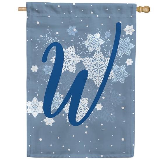 America Forever Winter Monogram Letter W House Flag Vertical Double Sided 28 x 40 inches Winter Holiday Seasonal Flags for Outdoor, Yard, Porch for Decoration, Blue Snowflake House Flag