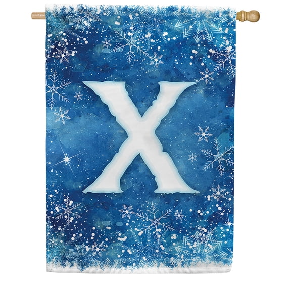 America Forever Winter Monogram Letter X House Flag Vertical Double Sided 28 x 40 inches Snowy Winter Holiday Seasonal Flags for Outdoor, Yard, Porch Decoration, Blue Background, Snowflake House Flag