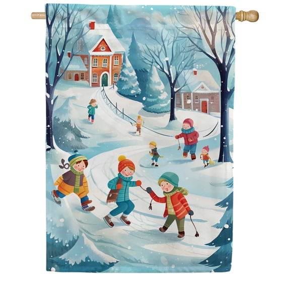 America Forever Winter Neighborhood Kids Playing Double Sided House Flag, 28 x 40 inch Snow Fun Banner, Seasonal Outdoor Decor, Holiday Outside Decorations Yard