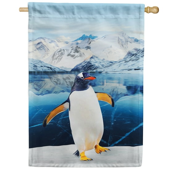 America Forever Winter Penguin House Flag Double Sided Vertical Decorative 28 x 40 inches for Outdoor, Yard, Porch Happy Holidays Snowy Mountain North Pole Let it Snow House Flag