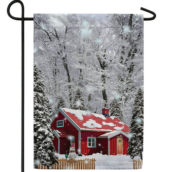 America Forever Winter At Red Cabin Garden Flag, 12.5 x 18 inch Double Sided, Red Cabin Snow Covered Forest, Winter Mountain Scene, Cozy Holiday Banner, Peaceful Outdoor Seasonal Decoration