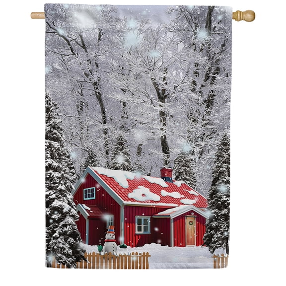 America Forever Winter At Red Cabin House Flag, 28 x 40 inch Double Sided, Red Cabin Snow Covered Forest, Winter Mountain Scene, Cozy Holiday Banner, Peaceful Outdoor Seasonal Decoration