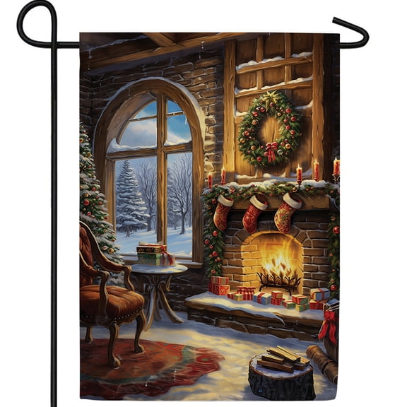 America Forever Winter Snow Lodge Garden Flag, 12.5 x 18 inch Double Sided, Christmas Cabin Fireplace Banner, Holiday Lodge Decorations, Cozy Yard Flag