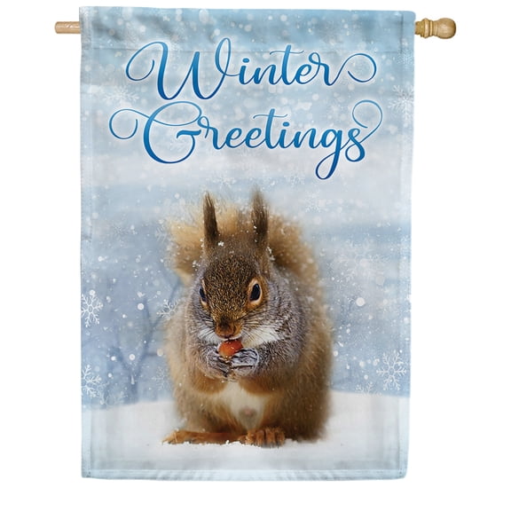 America Forever Winter Squirrel House Flag, 28 x 40 inch Double Sided, Winter Greetings Squirrel Design, Snowy White Background, Adorable Wildlife Banner, Seasonal Holiday Outdoor Decor