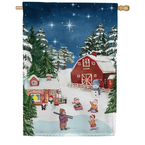 America Forever Winter Village Snowman House Flag, 28 x 40 inch Double Sided, Snow Village Banner, Children Playing Outdoor Decor, Snowman Yard Decorations, Holiday Family Scene Design