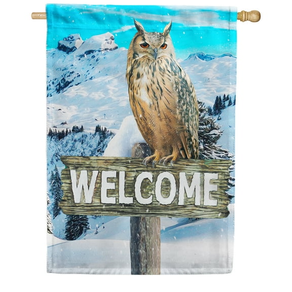 America Forever Winter Welcome House Flag Double Sided Vertical Decorative 28 x 40 inches for Yard, Porch Happy Holiday Welcome Owl Outdoor Snowfall Mountains Morning House Flag