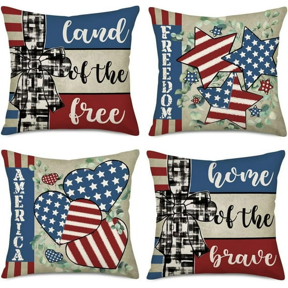 America Freedom Throw Pillow Covers 20x20 Inch Buffalo Plaid Bow Tie 4th of July Patriotic Stars Stripes Pillow Cover Memorial Independence Day Cushion Case for Sofa Couch Set of 4